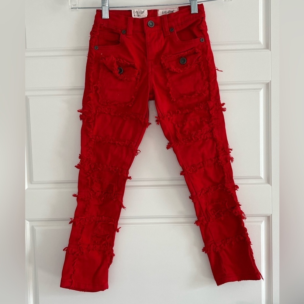 Evolution In Design Boys Red Stacked Jeans Raw Edges Skater Size 6 NWT